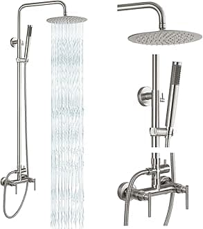 gotonovo Outdoor Shower Fixtures SUS304 Stainless Steel Rain Shower Kit Faucet High Pressure Wall Mount 2 Dual Function 8 Inch Showerhead and Handheld Spray Combo, Double Lever Handle, Brushed Nickel