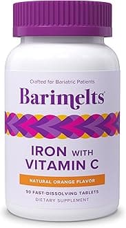 BariMelts Iron with Vitamin C, Dissolvable Bariatric Vitamins for WLS Patients Including Gastric Bypass and Sleeve Gastrectomy, Natural Orange Flavor - 90 Fast Melting Tablets