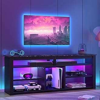 Bestier TV Stand for 70 inch TV, Tall Entertainment Center with 2 Led Lights, Gaming TV Console with Storage for PS5, Modern TV Cabinet for Bedroom, Living Room, Black Marble