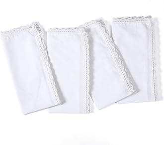 Ramanta Home Decorative Cloth Dinner Napkins Set of 4, 20x20 Inch White Lace Flax Cotton Napkins with Mitered Corners, Oversized Use, Parties, Weddings, Spring, Easter Cloth Napkins