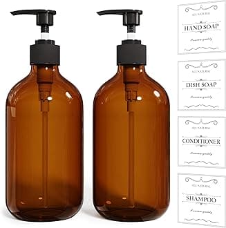 2PCS Amber Dish Soap Dispenser for Kitchen (16 Oz), Brown Hand Soap Dispenser for Bathroom, Plastic Soap and Liquid Dispenser Set with Rust Proof Pump, Refillable Soap Pump Bottles, Waterproof Labels