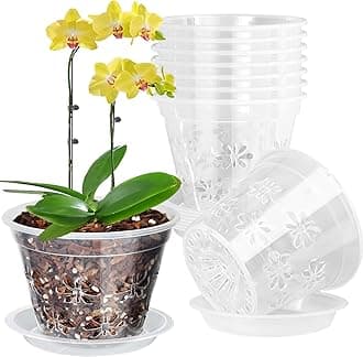 Orchid Pot, 8 Pack 5 inch Orchid Pots with Holes & Saucers, Clear Plastic Pot for Repotting, Breathable Ventilation Planters for Phalaenopsis, Dendrobium & Oncidium Orchids