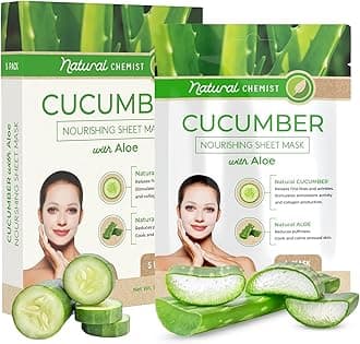 Natural Chemist Cucumber & Aloe Sheet Face Mask - Cools & Calms Stressed Skin, Reduces Puffiness, Moisturizing & Nourishing Sheet Mask - Cruelty Free Korean Skin Care For All Skin Types - 5 Masks