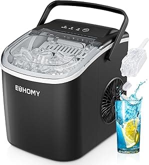 EUHOMY Countertop Ice Maker Machine with Handle, 26.4lbs Per Day, 9 Ice Cubes Ready in 6 Mins, Auto-Cleaning Portable Ice Maker with Basket and Scoop, for Home/Kitchen/Camping/RV (Black)
