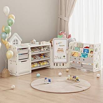 Kids Toy Storage Organizer with 10 Removable Bins, Foldable Toy Organizers and Storage with 3-Tier Bookshelf for Kids Toy Storage Organizer with Drawing Board, Extra 3 Brushes (4 In 1 Off-white)