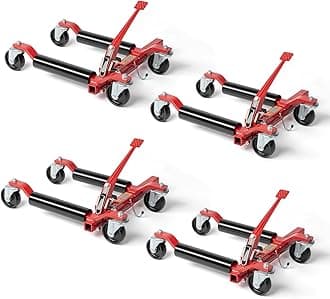 TUFFIOM Car Wheel Dolly Jack Set of 4, Mechanical 6000-lbs Car Skates, 12'' Wheel Vehicle Positioning Jack, Heavy Duty Rollers with Ratcheting Foot Pedal for Tire Auto Repair Moving, Red