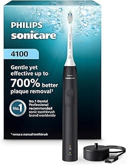 4100 Rechargeable Electric Toothbrush, with Pressure Sensor, 2 Intensity Settings, SmarTimer and QuadPacer, 14-Day Battery Life, Black, Model HX3681/24