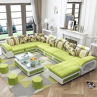 Ripple FURNITURE U Shape 9 Seater Modern Interchangeable Fabric Sofa Set with 4 Puffy (Left, Green & White)