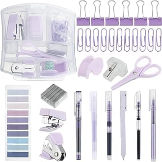 Colarr Mini Office Supply Kit Include Stapler Tape Dispenser Staple Remover Paper Clip Scissor Staple Pen Sharpener Note Small Telescopic Knife for Office Back to School Supplies Student Clerk(Purple)