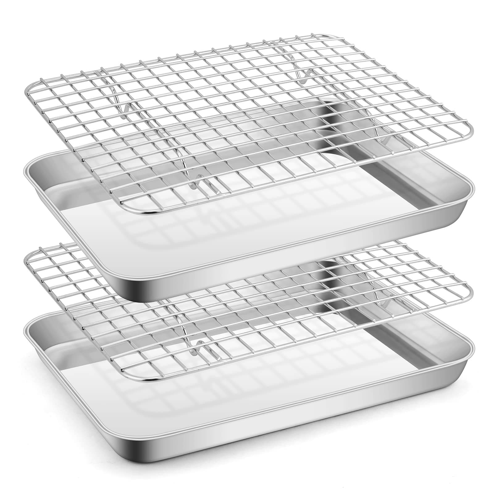 E-far Small Stainless Steel Baking Sheet with Rack Set, 9.4”x7.3” Cookie Sheet Broiling Pan for Toaster Oven, Rimmed Metal Tray with Wire Rack for Cooking/Baking/Cooling, Non-toxic & Dishwasher Safe