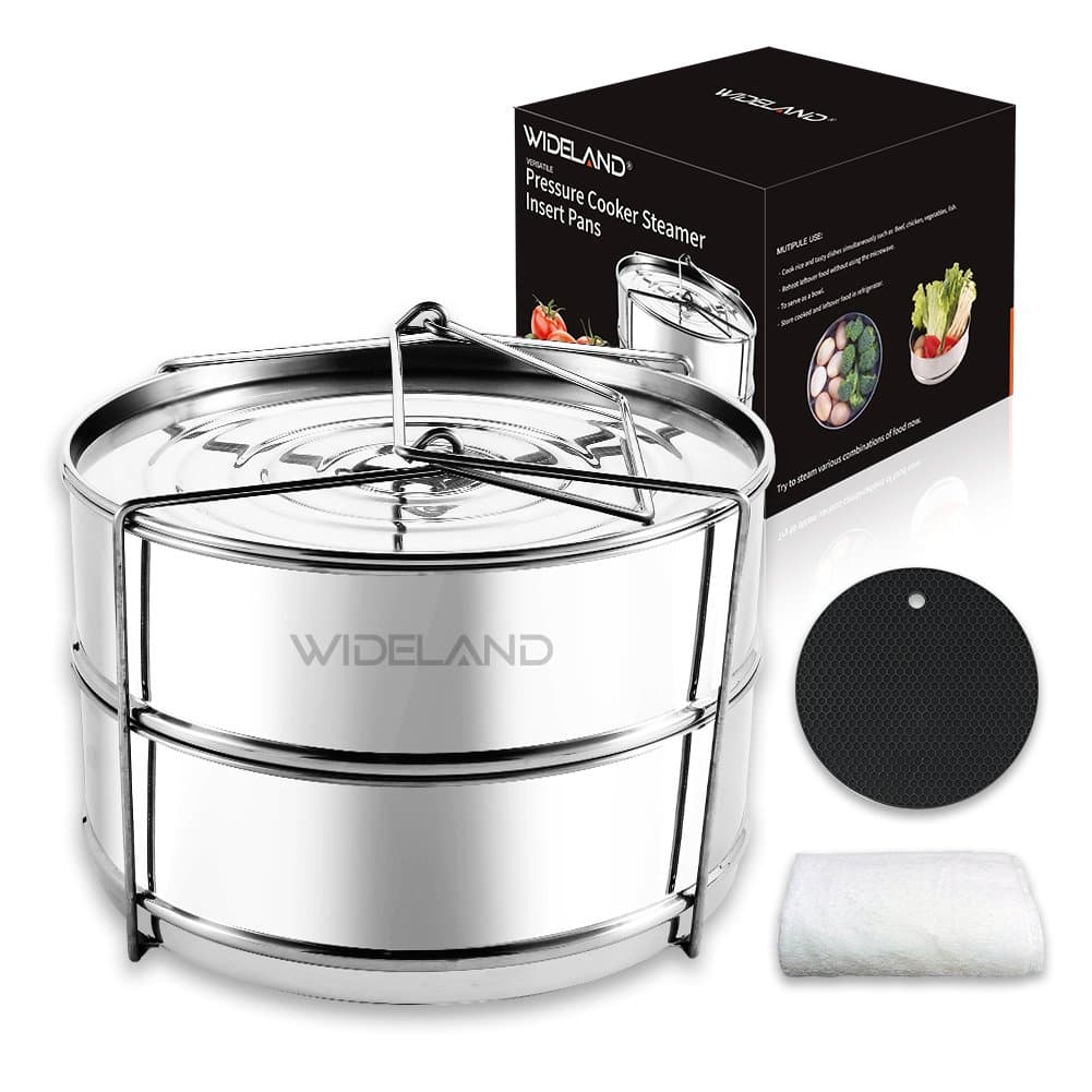 Stackable Stainless Steel Pressure Cooker Steamer Insert Pans with Sling for 5/6/8 Quart Instant Pot Accessories-Silicone Insulation Mat and Cleaning Cloth Included