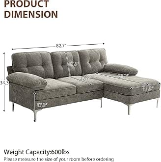 82" Chenille L Shaped Sectional Couches for Living Room, 3 Seater Comfy Modular Sofa with Chaise for Small Spaces,Mid Century Modern,Deep Seat,Grey