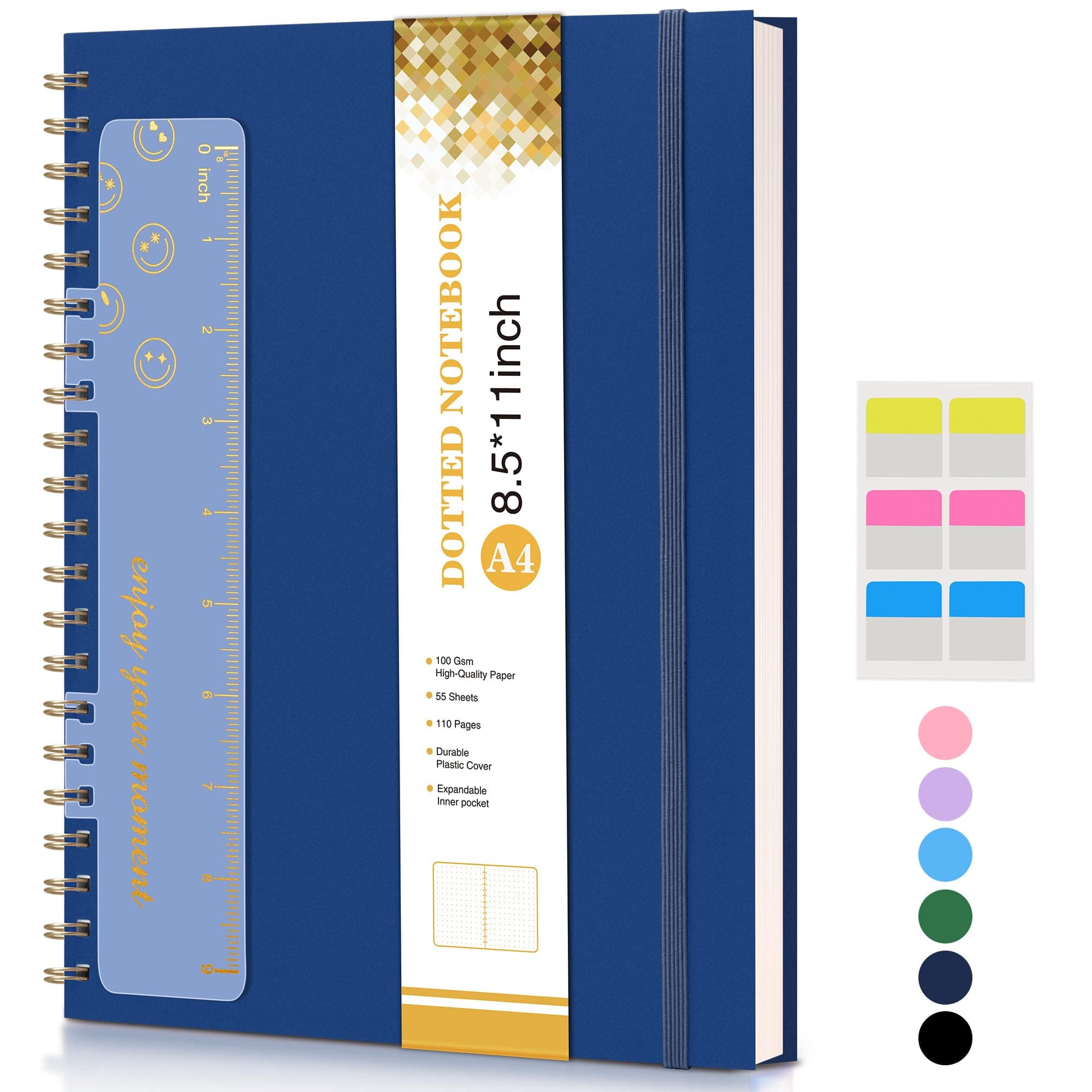 Dotted Notebook, Spiral Notebook Journal 8.5” x 11”, A4 Large Dot Grid Notebooks for Women Men, 100 GSM Dotted Paper, Plastic Hardcover Spiral Bullet Journals for Work School Sketching, Navy