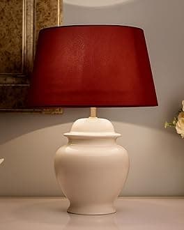 Homesake Antique Ceramic Pot Shaped Base Table Incandescent Lamp With Shade, Vintage Night Incandescent Lamp Decoration, Home Decor Items | Pack Of 1 -Red