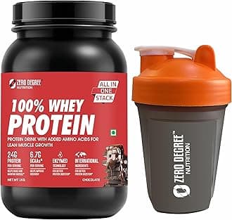 Zero Degree Whey Protein Supplement - 100% Whey Protein | Post Workout Whey Protein Isolate - 24g Protein, 6.7g BCAA, Glutamine & L-Arginine for Fast Recovery & Lean Muscle | Mass Gainer Protein Powder | Protein Powder for Muscle's Gain & Muscle Builder for Men and Women [Chocolate, 1 Kg] Free Shaker