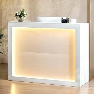 TC-HOMENY Reception Desk with LED Lights, 55'' Retail Counter Modern with Storage Shelves and Cable Grommet, Front Table, Salon Desk, Office Table,White