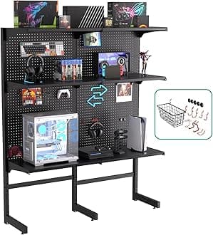 JWX DDB Gaming Standing Shelf Units, Home Office cabinets with Metal Pegboard and 15 Pieces Organizer Tool Holders