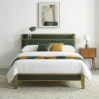 LIKIMIO Full Bed Frame, Storage Headboard with Charging Station, Solid and Stable, Noise Free, No Box Spring Needed, Easy Assembly (Dark Green)