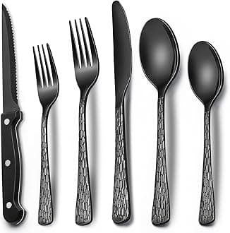 Black Hammered Silverware Set With Steak Knives, 24-Piece Stainless Steel Tree Pattern Flatware for 4, Food-Grade Tableware Cutlery, Utensil Set for Home Restaurant, Mirror Finish