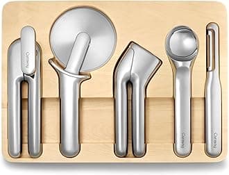 5-Piece Kitchen Essentials - Stainless Steel Can Opener, Pizza Cutter, Garlic Press, Ice Cream Scoop, Vegetable Peeler, and Storage Organizer