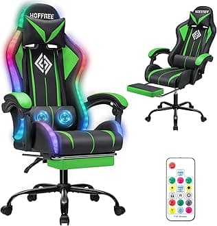 HOFFREE Gaming Chair with LED RGB Lights with Massage and Footrest Ergonomic Computer Chair High Back Video Game Chair with Adjustable Lumbar Support Linkage Armrest Green and Black