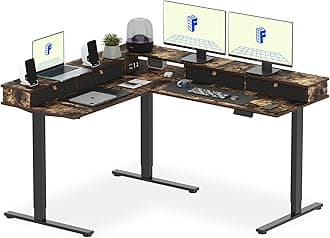 FLEXISPOT 63" L Shaped Standing Desk Electric Corner Table with Shelf, 4 Storage Drawers, Adjustable Computer Workstation for Home, Office, Game, Studio, Rustic Brown Top + Black Frame