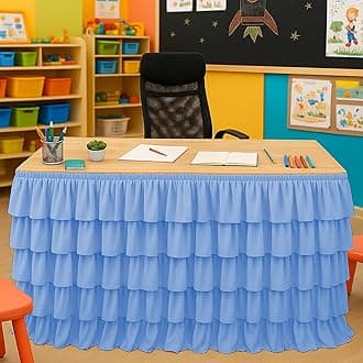 Blue Table Skirt Tutu Ruffled Tablecloth for Classroom Teacher Desk Skirt Back to School Supplies for Princess Girls Birthday Party Cake Dessert Decorations, 9FT