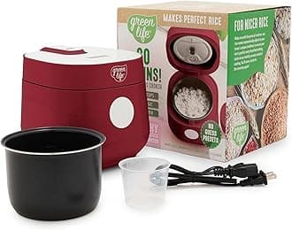 GreenLife Digital Rice Cooker, 2-Cups Uncooked/4-Cups Cooked, Removable Nonstick Ceramic PFAS-Free Pot, One-Touch Presets, Oats, Quinoa, Brown Rice, Auto Keep Warm, Fuzzy Logic Tech, 1.5QT, Red