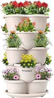VIVOSUN Vertical Garden Stackable Planter 5 Tier, Indoor/Outdoor Plant Pots for Strawberries, Flowers, Herbs, Vegetables, Ivory, Space-Saving Design