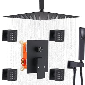 Enga 12 Inch Ceiling Mount Matte Black Shower System with Body Jets Bathroom Luxury Rain Mixer Shower Combo Set Ceiling Rainfall Shower Jets System Faucet Rough-in Valve and Trim Included