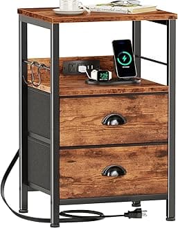 Furologee End Table with Charging Station, Nightstand with Fabric Drawers, Side Table with USB Ports & Outlets, Night Stand with Storage Shelf & Hooks, for Living Room/Bedroom, Rustic Brown