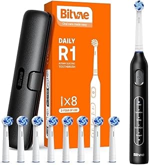 R1 Rotating Electric Toothbrush with 8 Brush Heads for Adults and Kids, 60-Day Battery Life, 5 Modes Rechargeable Power Toothbrush with 2-Minute Smart Timer, Black