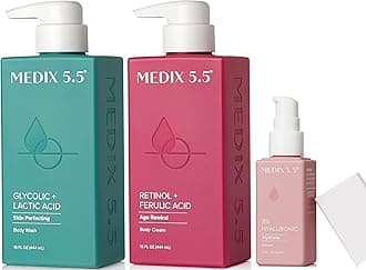 Medix 5.5 Anti Aging Skin Care 3PC Set | Retinol Body Cream + Exfoliating AHA Glycolic Acid Foaming Face Wash & Body Wash + Hyaluronic Acid Serum Booster, Cleanse + Treat + Hydrate Skincare Set, 3PC