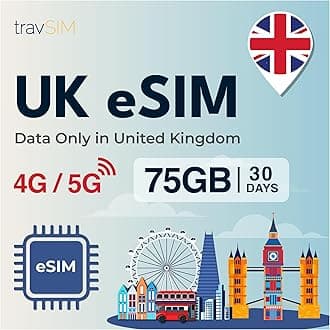 travSIM UK eSIM | 75GB Data Plan Only | 4G/5G Speeds | Works Throughout The UK | eSIM for UK is Valid for 30 Days