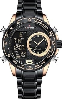 Stainless Steel Men's Multifunction Waterproof Sport Analog Digital Quartz Japanese Watch With Chronograph Dual Time Alarm Sig Snooze Function, Rose+Black