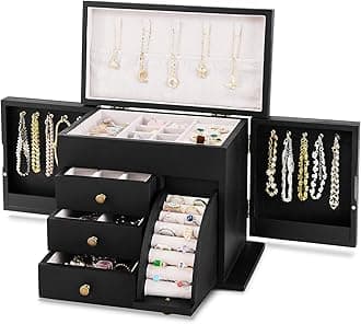 Jewelry Box Organizer, Solid Wood Jewelry Boxes for Women, Double Layer Jewelry Organizer Box Display Earring Necklace Bracelet Ring, Rustic Style Small Jewelry Box for Girls (Black)