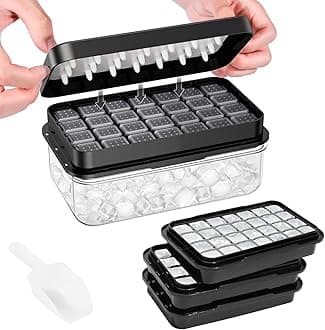 Ice Cube Tray with Lid and Bin, 3 Pack Plastic Ice Cube Tray Molds, 84 pcs Ice Trays for freezer, Chilling Drinks, Whiskey & Cocktails, with Ice Container and Ice Scoop, BPA-Free