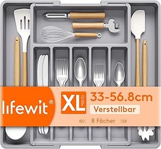 Silverware Drawer Organizer, Expandable Utensil Tray for Kitchen, BPA Free Flatware and Cutlery Holder, Adjustable Plastic Storage for Spoons Forks Knives, 33 -57 x 42cm, Gray