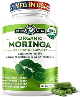 PURA VIDA MORINGA Capsules Single Origin Moringa Powder Organic. Moringa Leaf. Energy, Metabolism, & Immune Support. 120ct. 500mg Caps.