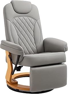 HOMCOM PU Recliner Chair with Footrest, Headrest, Round Wooden Base, Lounge Reading Armchair for Living Room, Bedroom and Office, Grey