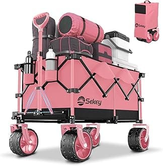 Sekey 220L Collapsible Foldable Wagon with 330lbs Weight Capacity, Heavy Duty Folding Utility Garden Cart with Big All-Terrain Beach Wheels & Drink Holders. Black&Pink