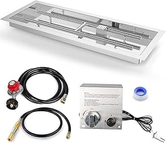 Drop-in Fire Pit Kit 36 x 12 Inch, H-Shape Burner with Pan, Comes with Upgraded Spark Ignition Kit for Gas Fire Pit, Fire Pit Table Insert Stainless Steel for Indoor Outdoor Decoration