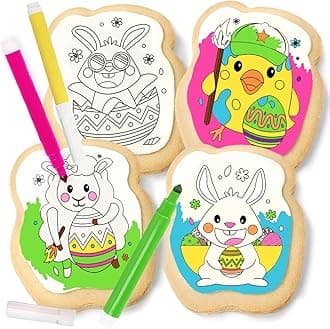 Easter Cookie Decorating Kit Bunny Eggs Basket Gift For Kids Activity | 4 Jumbo Egg Coloring Cookies + 3 Edible Markers | Coloring Arts and Crafts