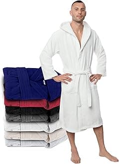 Twinzen Men's Bathrobe, Dressing Gown 100% Cotton (350 g/m²) Oeko-Tex® Certified, Bathrobe with Hood, 2 Pockets, Belt