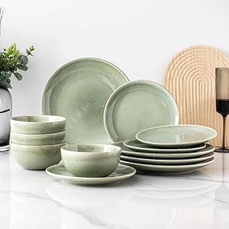 AmorArc Ceramic Dinnerware Sets for 4, 12 Pieces Handpainted Plates and Bowls Set, Scratch Resistant Stoneware Dishes Set, Dishwasher & Microwave Safe, Olive Green