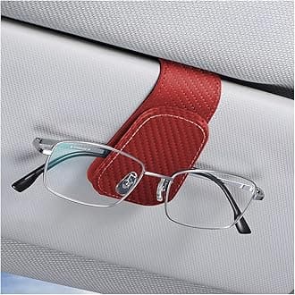AICEL Sunglasses Holders for Car Sun Visor, Leather Eyeglasses Hanger Mounter, Magnetic Glasses Holder and Ticket Card Clip, Auto Interior Accessories Universal for SUV Pickup Truck (Red)