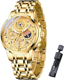 senstone Moon Phase Watch for Men Chronograph Dial Analog Quartz Wristwatch Luxury Diamond Business Dress Watch with Luminous Waterproof Calendar Stainless Steel Strap