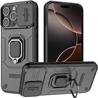 for iPhone 16 Pro Case with Sliding Camera Cover and 360° Rotate Ring Kickstand Heavy Duty Protective Shockproof Protective Phone Case for iPhone 16 Pro Cover,Black
