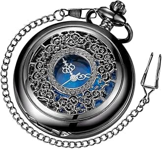 Tiong Quartz Pocket Watch Hollow Steampunk Blue Star Design Roman Numerals Pocket Watch with Chain Christmas Gifts
