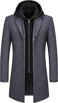 Mens Wool Trench Coat Solid Casual Padded Outdoor Overcoat Long hooded Warm Coat Jacket